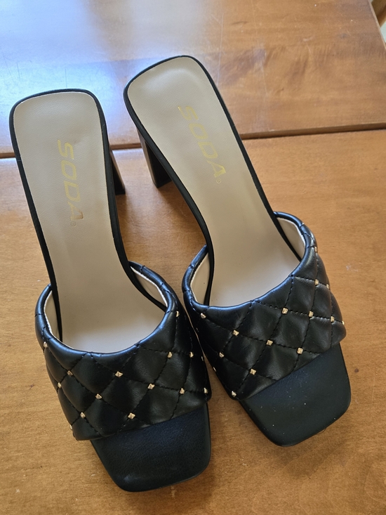Soda Shoes - Soda Black Quilted Square-Toe Heeled Mules with Gold Studs
